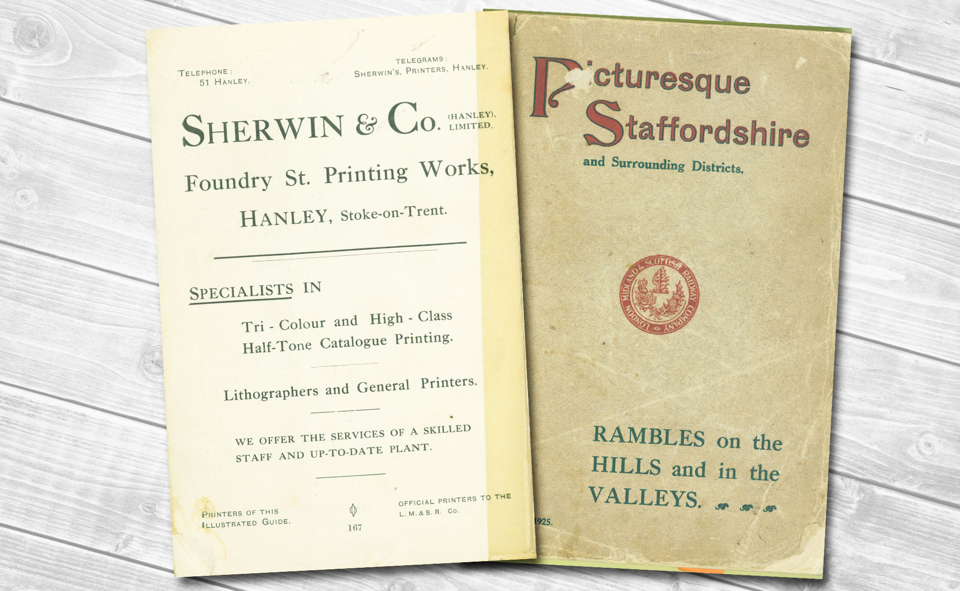 Sherwin Rivers Printers Ltd - Stoke-on-Trent, Staffordshire, Family run printing company for over a century - Sherwin & Co's Picturesque Staffordshire, printed in 1925 for the London Midland and Scottish Railway by Sherwin & Co, Hanley. (Advert in back of book).